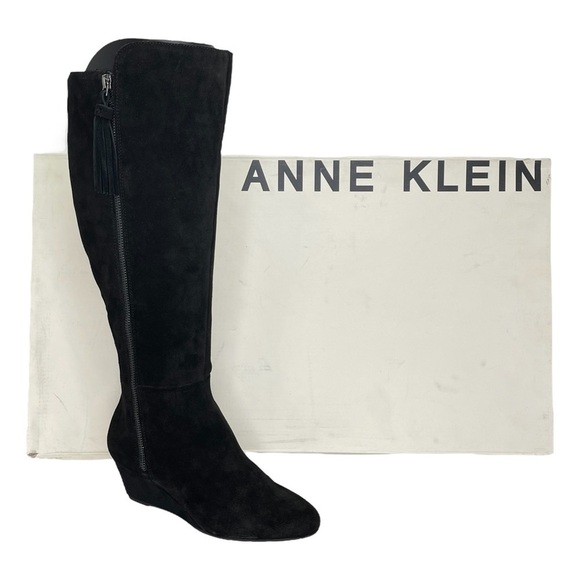 Anne Klein Womens Knee High Wedge Boots 5.5M Alanna Black Suede Wide Calf - Picture 10 of 10